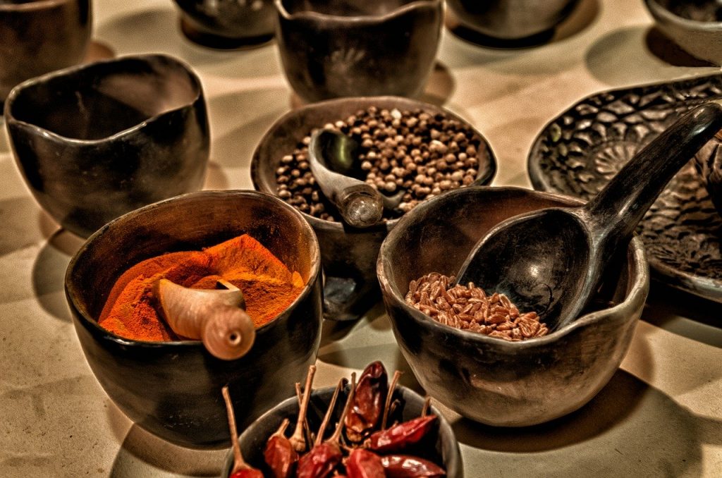 Cooking spices in wooden bowls